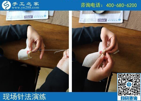 4月14日，正規(guī)手工加工回收項(xiàng)目的珠繡針法培訓(xùn)有多好？手工之家接待考察加工客戶時的針法演示與體驗(yàn)剪影
